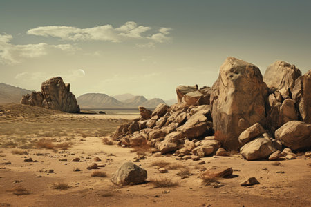 Tranquil desert scene with impressive rocks under a hazy sky, showcasing nature's rugged beautyの素材