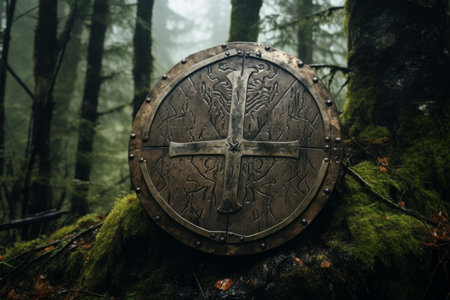 Evocative image of an intricate medieval shield resting on moss, amidst a foggy forestの素材