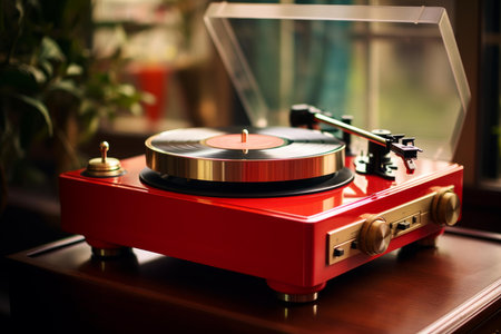 Classic red turntable with a spinning vinyl record, evoking retro music nostalgiaの素材