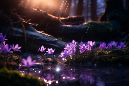 Enchanting purple flowers bloom in a rainy forest as sunlight pierces throughの素材
