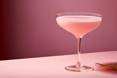 Chic, pink cocktail served in a stylish couplet glass with a smooth, pink backdropの素材