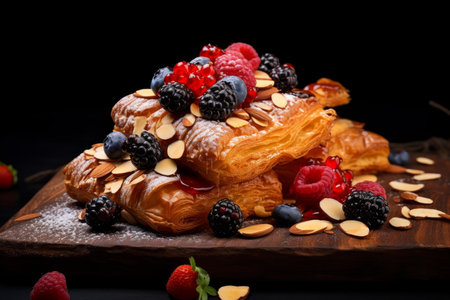 Decadent croissant dessert topped with raspberries, blackberries, and almonds on a wooden boardの素材