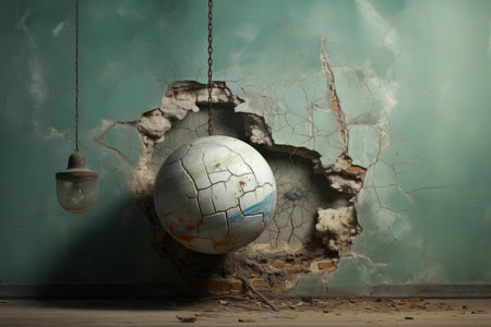 Artistic image of a globe styled as a wrecking ball impacting a cracked wall, symbolizing global impactの素材