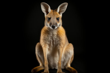 Close-up image of a young wallaby against a dark backdrop, highlighting its features and fur textureの素材