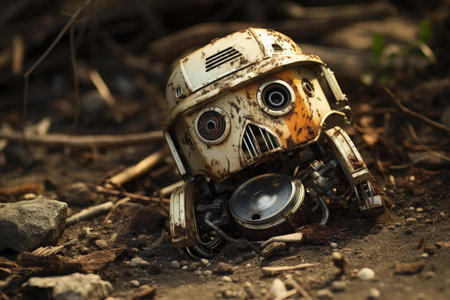 Weathered toy robot head lies amidst rocks and twigs, evoking a sense of nostalgia and abandonmentの素材