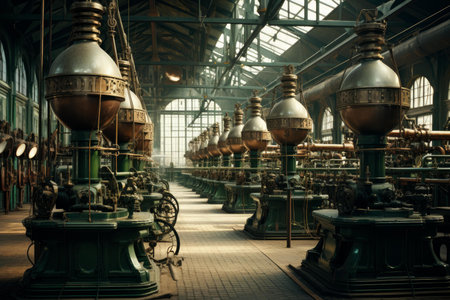 Retro industrial machinery in an old factory setting with atmospheric lightingの素材