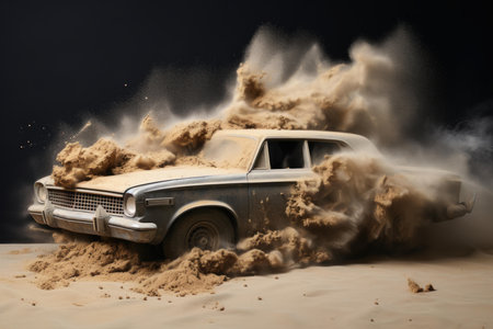 Vintage vehicle speeding through desert leaving a trail of dustの素材