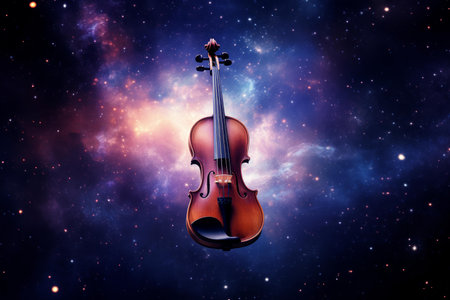 Classic violin floats mystically against a backdrop of a vibrant cosmic galaxy filled with starsの素材