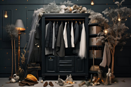 Sophisticated closet adorned with festive garlands and seasonal decor in a cozy, stylish interiorの素材