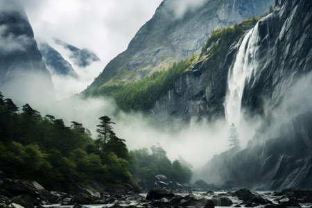 Powerful waterfall cascades down a rugged cliff amidst misty woodland sceneryの素材