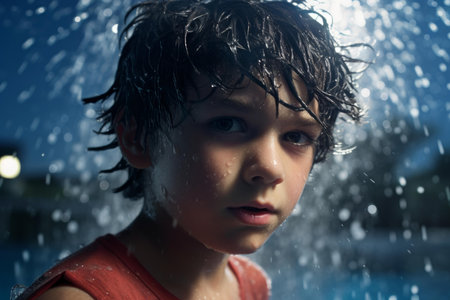 Close-up of a young boy wet from rain against a dark, moody nighttime backdropの素材