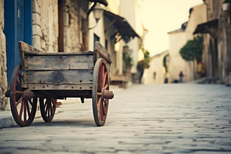 Antique wooden cart in a quaint old town, capturing the essence of historical charmの素材