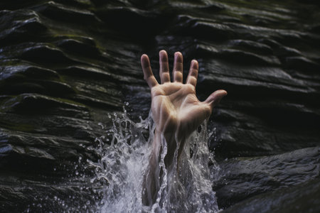 Powerful image of hands splashing through water against dark rocksの素材