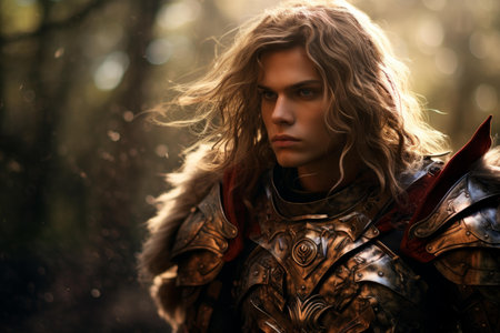 Majestic portrait of a young warrior clad in ornate armor among mystical forest lightsの素材