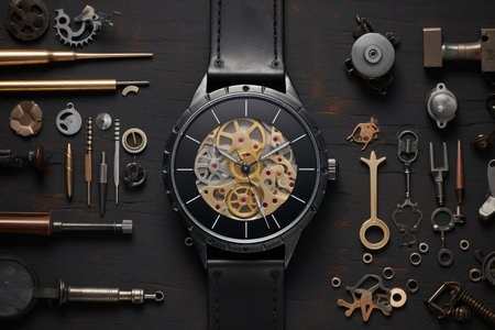 High-end openwork wristwatch surrounded by vintage tools on dark backgroundの素材
