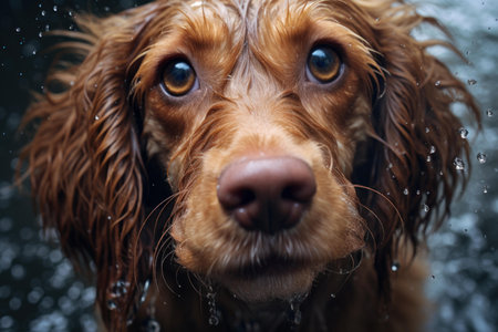 Close-up of a dog with wet fur and soulful eyes amidst falling water dropletsの素材