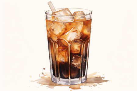 Digital illustration of cold iced coffee with ice cubes and splashes on a white backgroundの素材