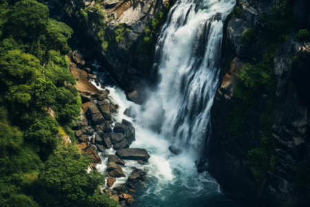 Aerial view of a powerful waterfall amid greenery, capturing nature's tranquilityの素材