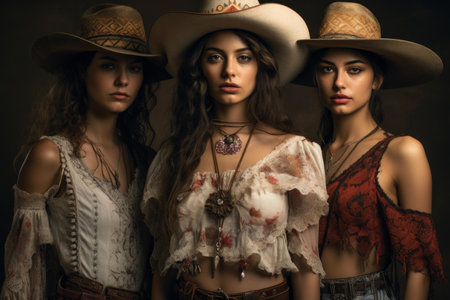 Artistic portrait of three women in bohemian cowboy attire posing with confidenceの素材