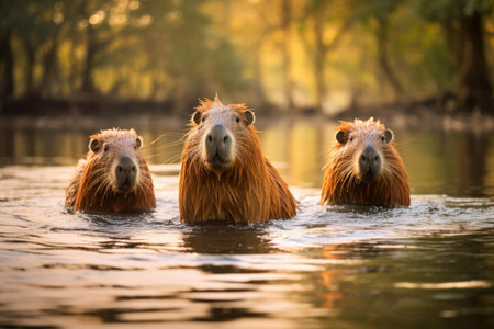 A group of capybaras enjoy a calm swim amidst the golden hues of a setting sunの素材