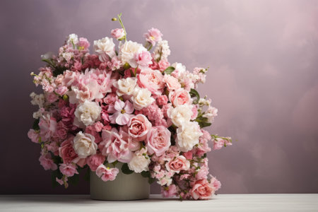 Luxurious bouquet of pink blooms in a vase, set against a soft purple backdropの素材