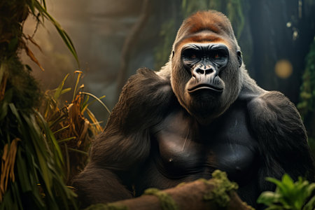 Intense gaze of a powerful gorilla amidst the mystical fog of its dense forest homeの素材