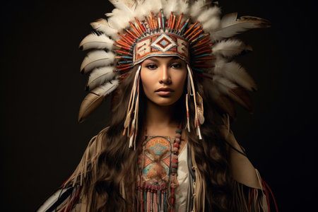 Portrait of a person wearing an intricate native American chief's headdress against a dark backgroundの素材