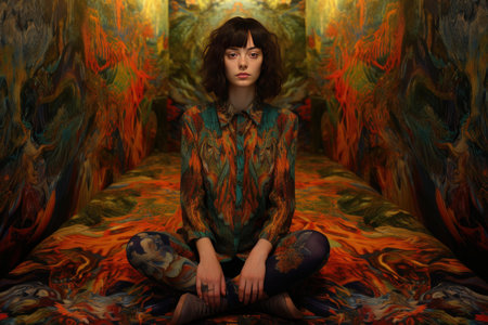 Artistic portrait showcasing a woman sitting amidst a vibrant, psychedelic patterned environmentの素材