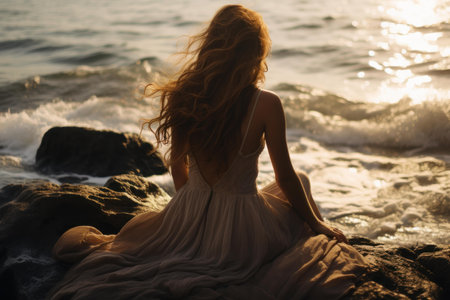 Tranquil and peaceful sunset meditation on the serene seashore with a woman in elegant dress. Reflecting in solitude. Contemplating natureの素材
