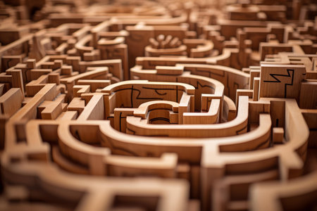 Detailed close-up shot of a complex wooden labyrinth puzzle with visible pathwaysの素材