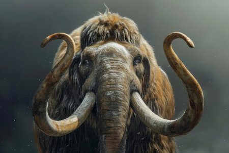 Digital illustration of an extinct woolly mammoth with dramatic lightingの素材