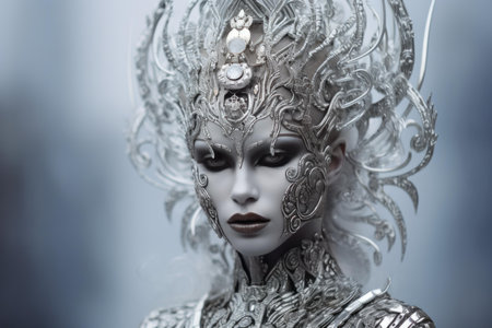 Enigmatic woman in a fantasy setting, adorned with a detailed silver headdress and icy makeupの素材