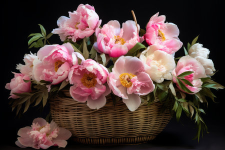 Beautiful arrangement of pink and white peonies in a rustic wicker basket set against a dark backdropの素材