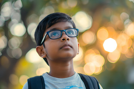 Pensive young boy with glasses looking up, surrounded by a magical bokeh light effect at sunsetの素材