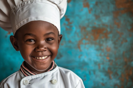 Portrait of a cheerful African boy in chef attire, exuding confidence and joyの素材