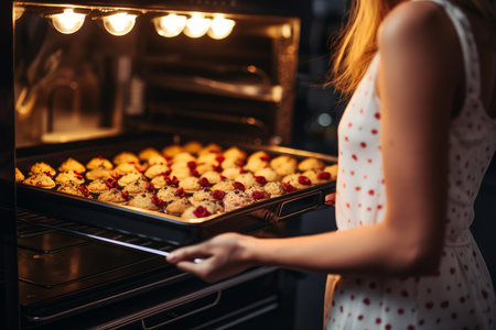 Woman baking homemade raspberry muffins in a modern kitchen ovenの素材