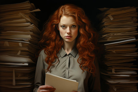 Young office employee feeling stressed with high piles of paperwork around herの素材