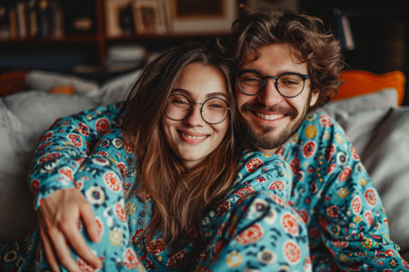 Cheerful young couple cuddles in vibrant, matching pajamas, sharing a joyful moment togetherの素材