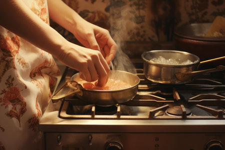 Close-up of hands preparing a meal in a frying pan over a gas flameの素材