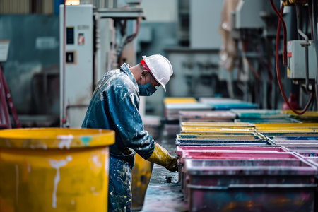 Industrial worker in safety gear examines colorful dye in a manufacturing plantの素材