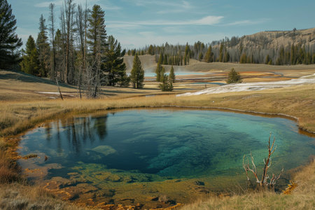 Crystal-clear blue thermal spring surrounded by vibrant greenery and rolling hills under a blue skyの素材
