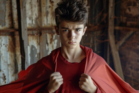 Teen boy stands defiantly with a red cape, evoking strength and courage in an industrial settingの素材