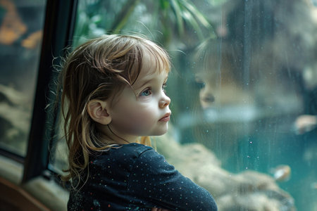 Portrait of a young girl looking contemplatively out a window with a reflective expressionの素材