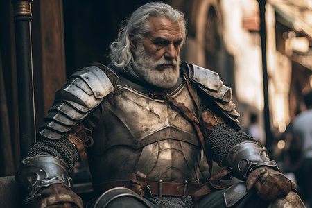 Steadfast Medieval knight old man. History war. Generate AIの素材