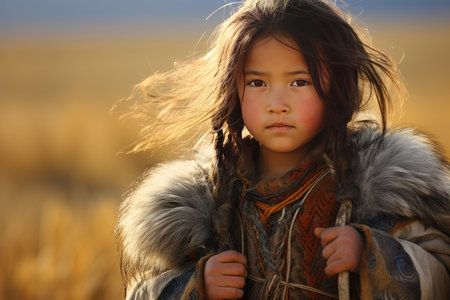 Portrait of a serene young girl in ethnic clothing against a golden field backdropの素材