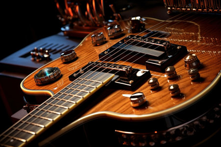 Intimate view capturing the strings, pickups, and controls of a classic electric guitarの素材