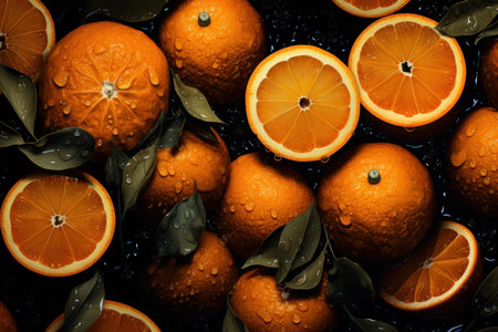 Vibrant whole and halved oranges with fresh leaves and glistening water droplets on a dark backgroundの素材