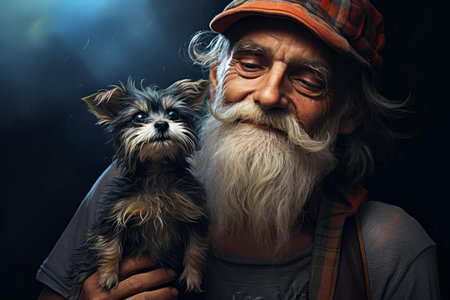 Portrait of a smiling elderly man with a small terrier dog, depicting friendship and loyaltyの素材