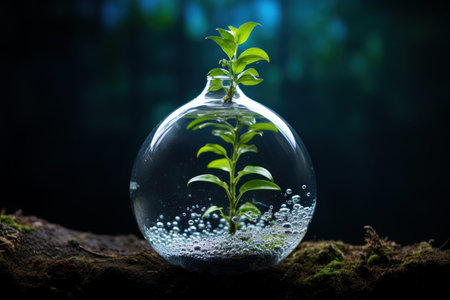 Young plant thriving inside a clear glass sphere terrarium, symbolizing sustainability and eco-friendlinessの素材