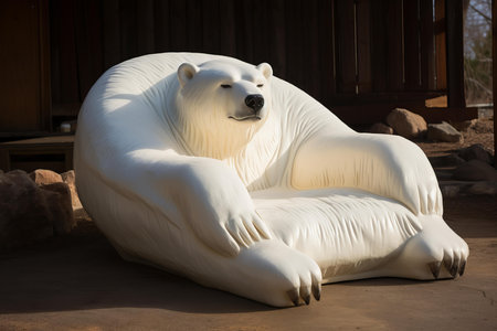 Massive inflatable polar bear sits serenely in a cozy outdoor settingの素材